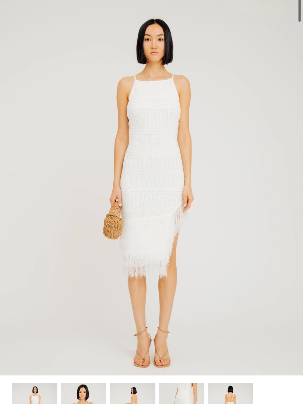Torn by Ronny Kobo White Crochet Fringe Midi Dress